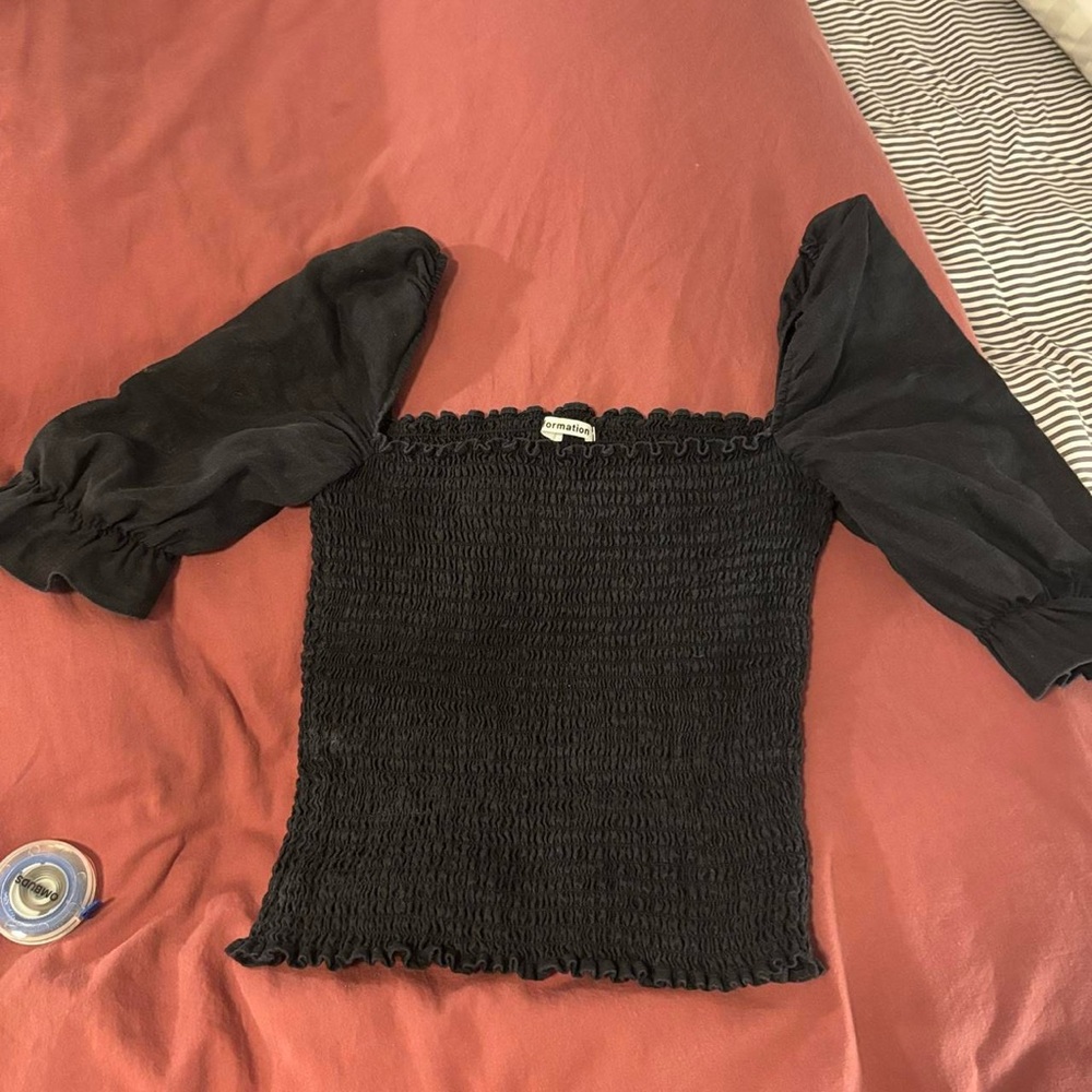 Reformation Black Smocked Puff Sleeve Top - Picture 3 of 6